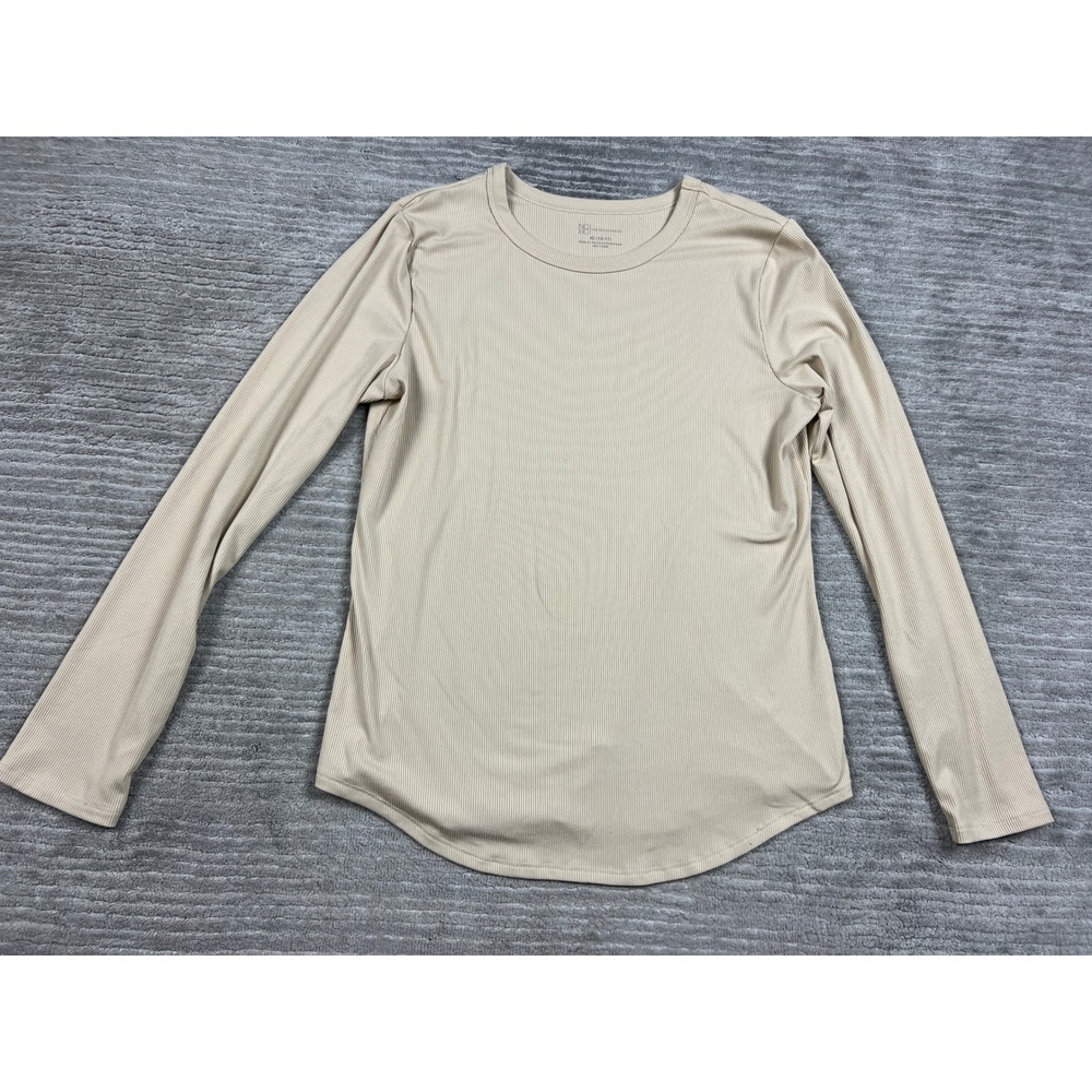 No Boundaries Top Womens XL Beige Ribbed Crew Neck Long‎ Sleeve Curved Hem Basic